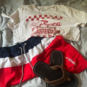 Never worn!!Speedo Red and Blue boys big kid medium Swim Trunks, shirt &sandals